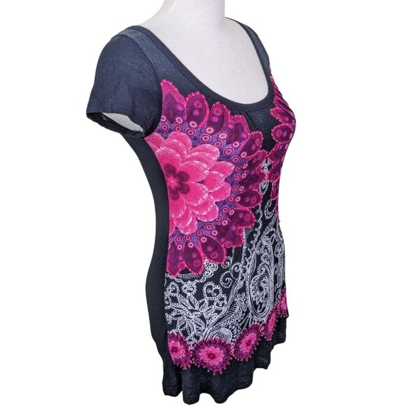 Desigual Womens Short Sleeve Tunic T Shirt Top Size S Artsy Art To Wear Longline - Picture 2 of 7